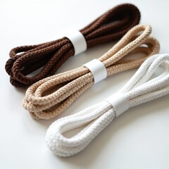 Illustration of ropes bundle lying on white surface. Brown, beige, white colors. Macrame craft cord, twisted rope, braided thread. Use as nautical rope, packaging rope. DIY handicraft string.