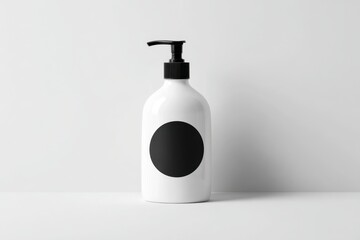 Minimalist White Pump Bottle with Black Label on Plain Background.