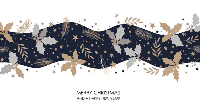 Elegant Christmas holiday banner design with festive holly leaves, pine branches, and stars in a modern, sophisticated palette