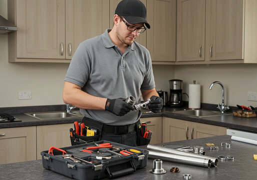 Skilled technician inspecting shiny metal parts in a modern kitchen, ensuring top quality and precision with his trusted toolkit and safety gloves for a perfect fit