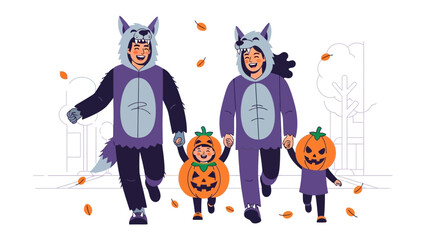 Halloween Family Fun: A joyous family, adorned in playful Halloween costumes, strolls down a crisp autumn street, surrounded by falling leaves, embodying the spirit of togetherness and festive joy.