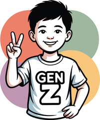Smiling boy showing Peace sign with Gen Z t-shirt Vector Illustration