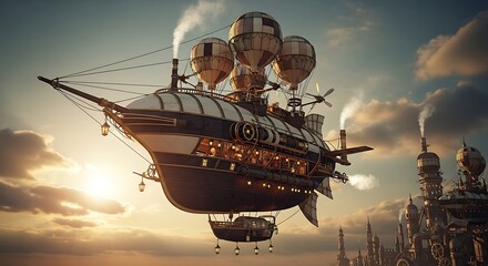 Steampunk Airship Soaring Above Cityscape at Sunset.