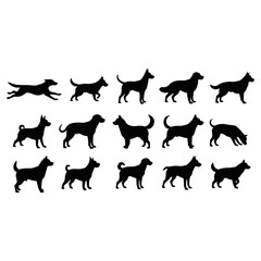 Collection of Black Dog Silhouettes in Various Poses and Breeds.