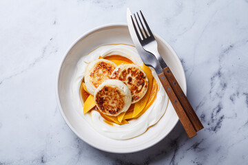 Homemade cottage cheese pancakes with yogurt and mango.