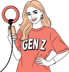Social Media Influencer With Ring Light Holding Phone Wearing Gen Z T-shirt