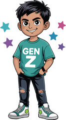 Stylish Cartoon Boy Wearing Gen Z T-Shirt Isolated On Transparent Background