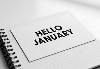 Obraz premium Minimalist Composition Featuring Hello January Text on Paper and Notebook Aesthetic.