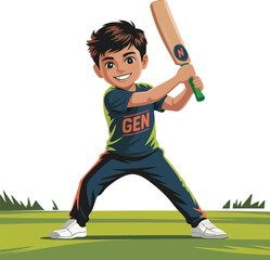 Young Boy Playing Cricket Gen Z Kid Cricket Player Sport Hitting Ball Vector