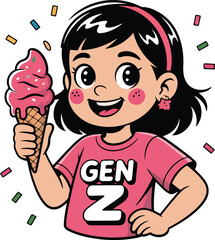 Young Cartoon Girl Holds Pink Ice Cream Cone With Gen Z T-shirt On Transparent Background