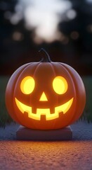Fototapeta premium Creepy Glowing Jack-o’-Lantern on Pedestal , Halloween Pumpkin with Spooky Night Ambiance