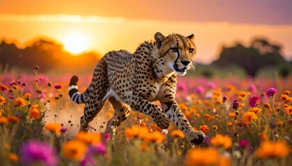 Cheetah sprinting through vibrant wildflowers at sunset Stunning wildlife photo.