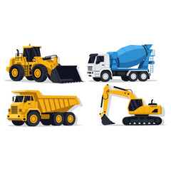 Construction Vehicles - Loader, Mixer, Dump Truck, Excavator Illustration.