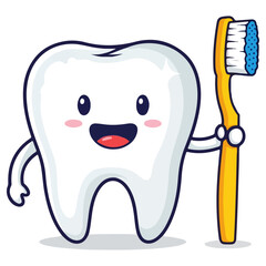Cute Cartoon Tooth Character Holding a Toothbrush.