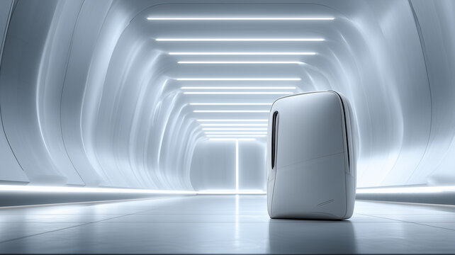Futuristic tunnel with glowing lights and object