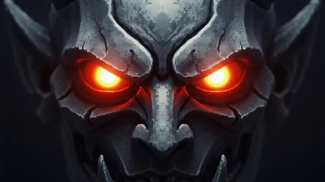 Seamless demonic stone skulls with glowing orange eyes horror pattern.