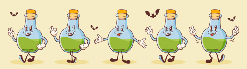 Halloween Groovy Poison Flask Retro Characters Set. Cartoon Spooky Personage Collection. Vector Autumn Holiday Mascot Templates. Happy Vintage Cool Illustrations Isolated