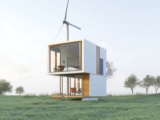 Off-grid house – Diagram of compact energy-independent house powered by solar panels and wind turbine. White background.