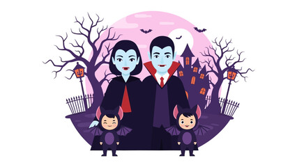 Halloween Vampire Family Portrait: Embrace the spooky season with a charming illustration of a vampire family, complete with bats, a haunted mansion, and eerie atmosphere.