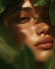 Close-up of female face with natural glowing skin and freckles in sunlight surrounded by green leaves, eco beauty concept