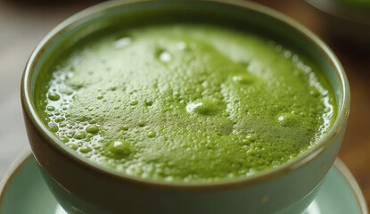 Close-up of frothy green matcha tea in a bowl