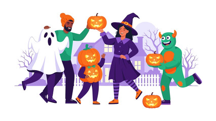 Halloween Festivities: A group of friends, donning vibrant costumes and holding illuminated pumpkins, is captured in a joyful celebration, embodying the essence of the holiday season. 