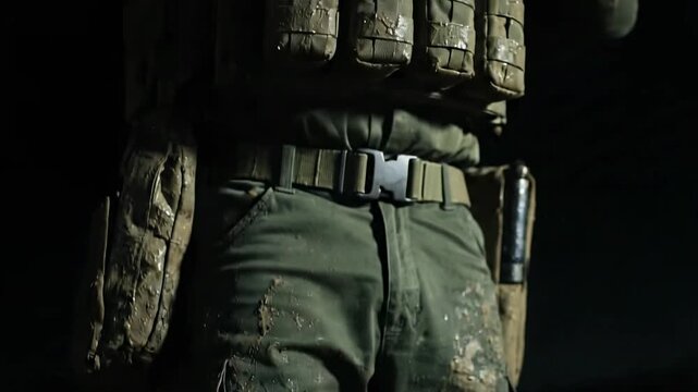 Soldier in camouflage gear standing in darkness.