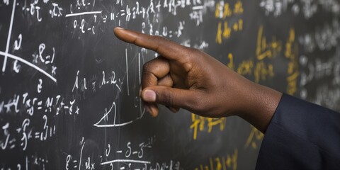 Teacher hand pointing at complex math formulas on blackboard