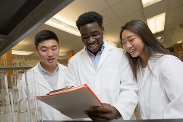 Diverse Young Scientists Collaborating in Modern Laboratory Setting.