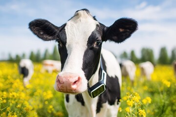 Curious Cow in Vibrant Field of Yellow Flowers Wearing Modern Tracker.