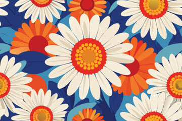 Bold Daisy and Flower Pattern with Blue Leaves on Dark Blue Background graphic