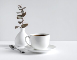 Simple white coffee scene with eucalyptus