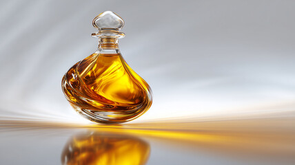 Glass decanter with amber liquid and reflection