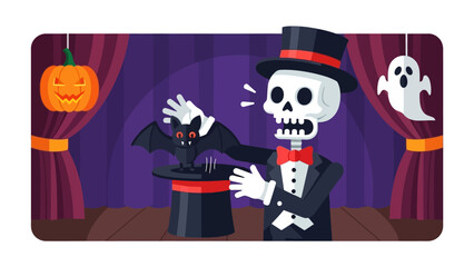 Halloween Spectacle: A spooky skeleton, dressed in a top hat and tuxedo, performs a captivating magic trick with a bat emerging from his hat.