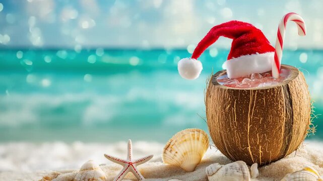 Christmas holiday drinks in coconut shells with Santa hats placed on the ocean beach in December sunlight