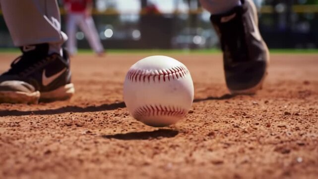 Baseball player's foot near ball, infield, game background, sports