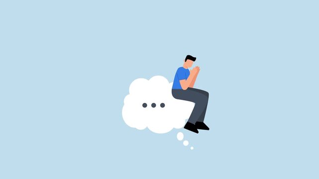 Think of solution, considerate businessman perched like a philosopher on a contemplation cloud