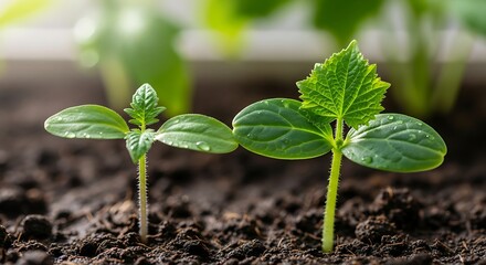 Two young green cucumber seedlings sprouting from fertile soil.