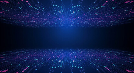 Abstract futuristic background with glowing blue and purple particles forming a digital landscape on a dark plane.