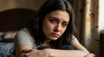 Fototapeta premium Young woman with a sad and worried expression looking directly at the camera.