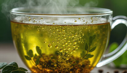 Close-up of a steaming cup of herbal tea with vibrant bubbles.