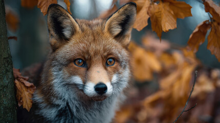 Obraz premium Foxy animal with beautiful fur standing among autumn leaves in a forest, showcasing a keen expression and vibrant orange and brown colors in a natural setting.