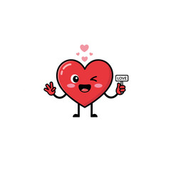 Cute red heart cartoon character winking and holding a love sign.