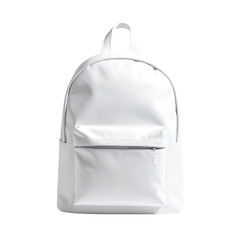 A plain white backpack with two straps and a small zippered pocket