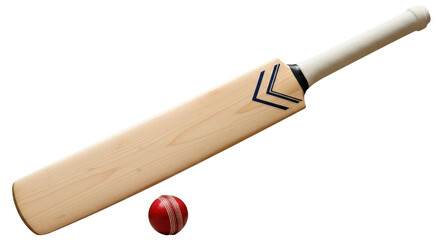 Isolated Cricket bat with red leather ball on ground against clean, simple backdrop