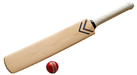 Isolated Cricket bat with red leather ball on ground against clean, simple backdrop