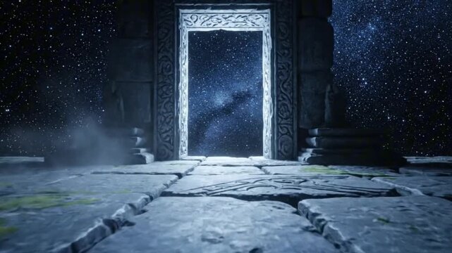 Mystical ancient stone portal opening to a celestial cosmic gateway with a starry nebula, a mysterious passage to another dimension or parallel universe