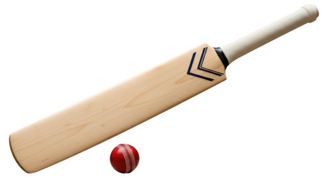 Isolated Cricket bat with red leather ball on ground against clean, simple backdrop - Powered by Adobe