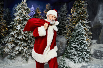 Santa Claus in a festive red suit bringing joy near snowy fir trees