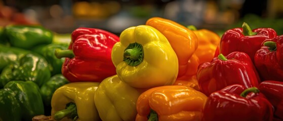 The bell peppers arranged in vibrant market display with shallow depth of field
